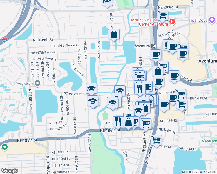 map of restaurants, bars, coffee shops, grocery stores, and more near 2331 Northeast 192 Street in Miami