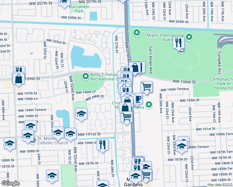 map of restaurants, bars, coffee shops, grocery stores, and more near 2850 Northwest 196th Street in Miami Gardens