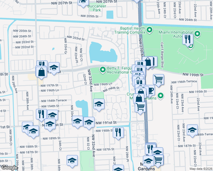 map of restaurants, bars, coffee shops, grocery stores, and more near 19623 Northwest 30th Place in Miami Gardens
