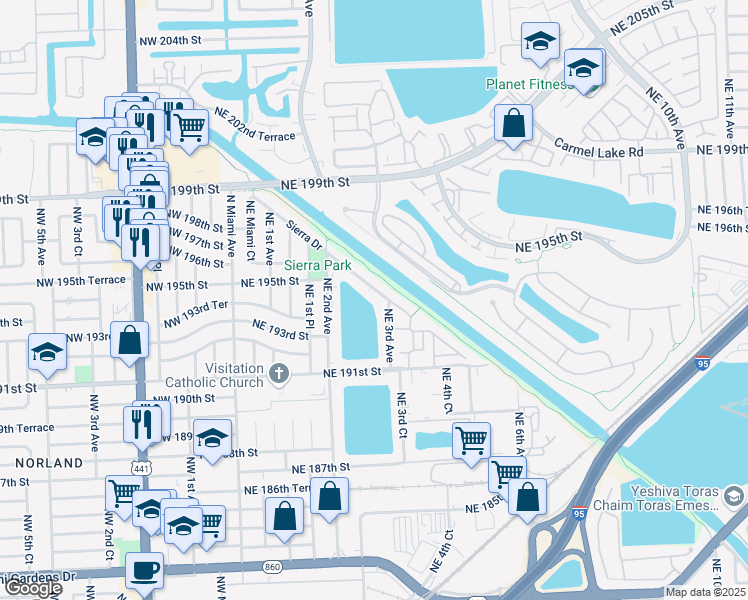 map of restaurants, bars, coffee shops, grocery stores, and more near 280 Sierra Drive in Miami