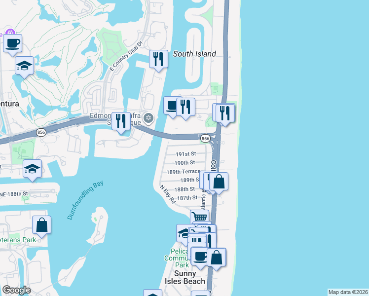 map of restaurants, bars, coffee shops, grocery stores, and more near 320 191st Terrace in Sunny Isles Beach