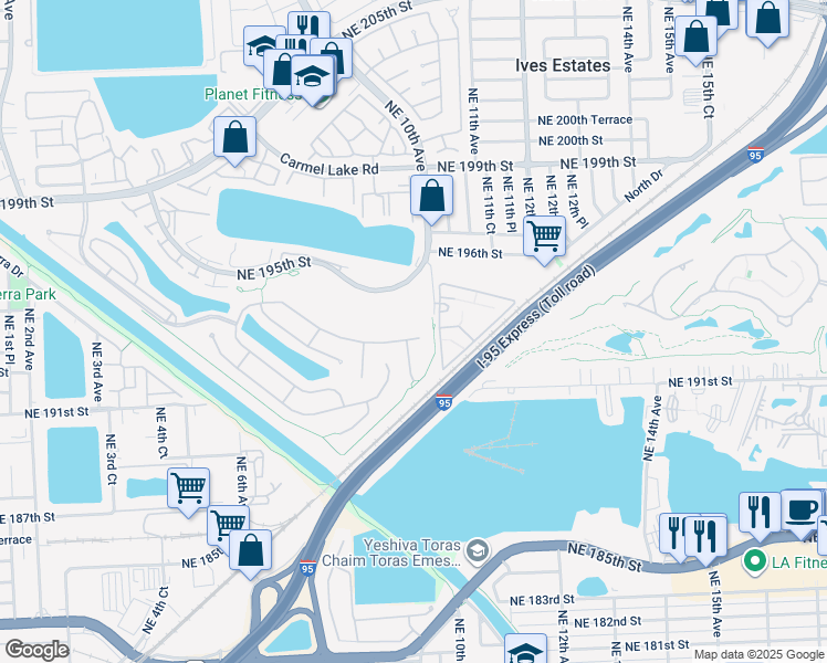 map of restaurants, bars, coffee shops, grocery stores, and more near 973 Northeast 193rd Terrace in Miami