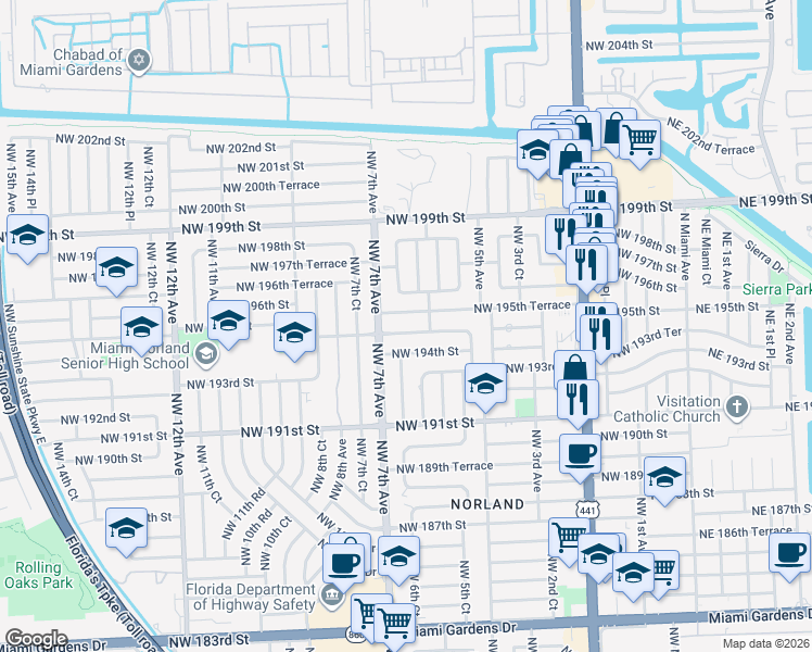 map of restaurants, bars, coffee shops, grocery stores, and more near 641 Northwest 194th Terrace in Miami