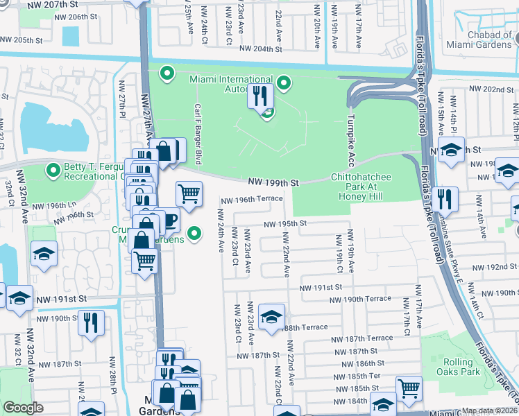 map of restaurants, bars, coffee shops, grocery stores, and more near 2261 Northwest 22nd Court in Miami Gardens