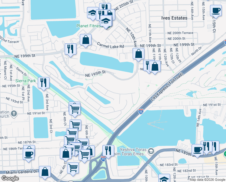 map of restaurants, bars, coffee shops, grocery stores, and more near 771 Northeast 193rd Terrace in Miami