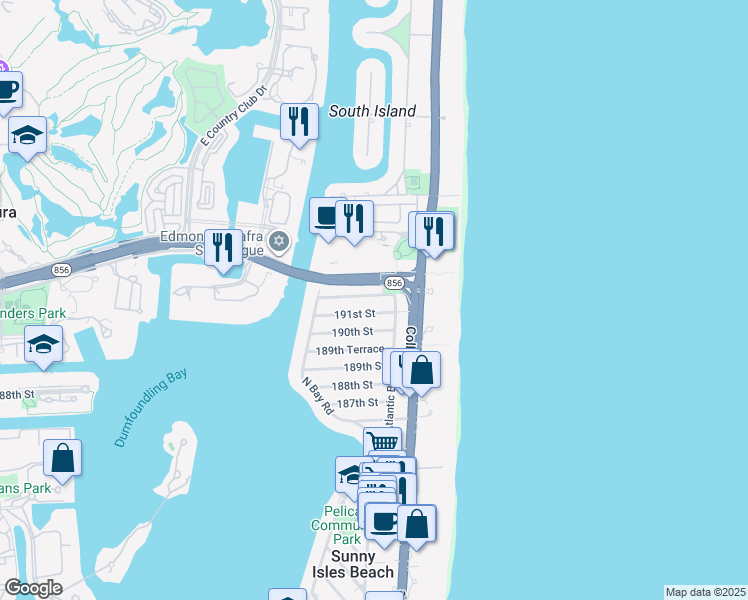 map of restaurants, bars, coffee shops, grocery stores, and more near 230 191st Terrace in Sunny Isles Beach