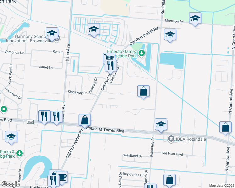 map of restaurants, bars, coffee shops, grocery stores, and more near 3728 Menchaca Court in Brownsville