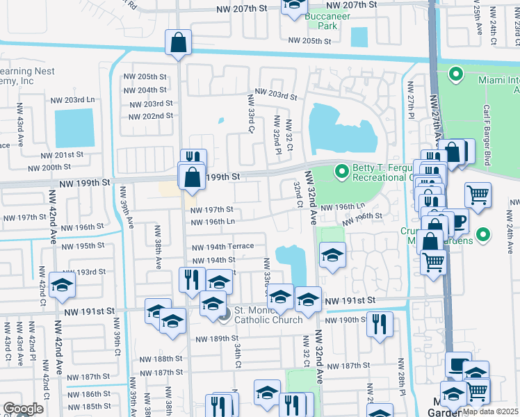 map of restaurants, bars, coffee shops, grocery stores, and more near 19687 Northwest 33rd Place in Miami Gardens