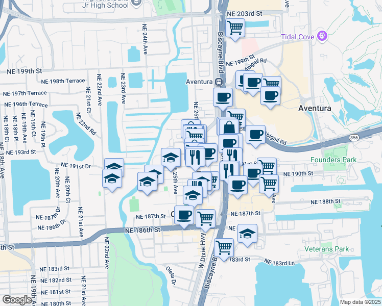 map of restaurants, bars, coffee shops, grocery stores, and more near 2575 Northeast 192 Street in Miami