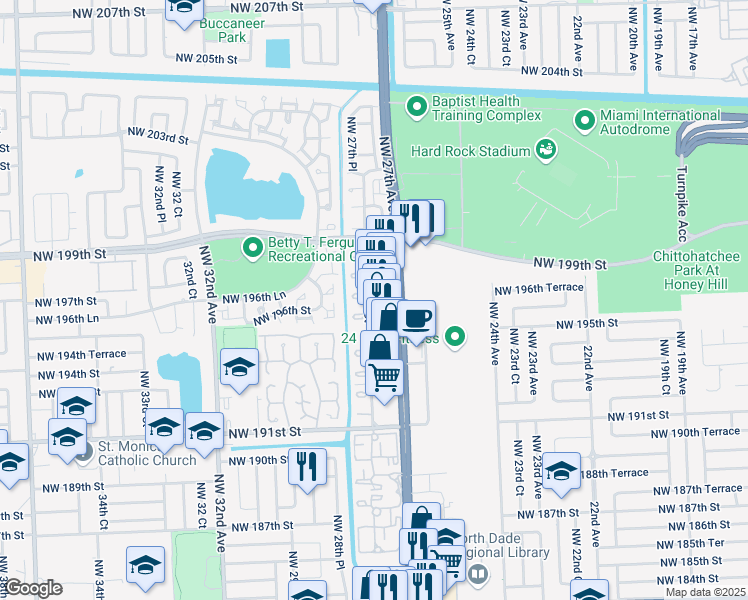 map of restaurants, bars, coffee shops, grocery stores, and more near 19665 Northwest 27th Court in Miami Gardens
