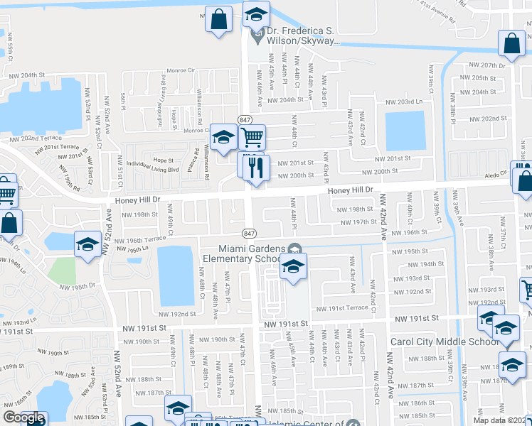 map of restaurants, bars, coffee shops, grocery stores, and more near 4530 Northwest 198th Street in Miami Gardens