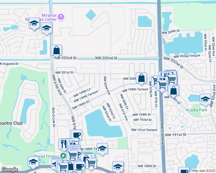 map of restaurants, bars, coffee shops, grocery stores, and more near 19929 Northwest 62nd Avenue in Hialeah