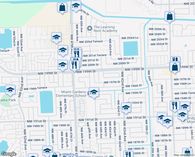 map of restaurants, bars, coffee shops, grocery stores, and more near 19720 Northwest 44th Avenue in Miami Gardens