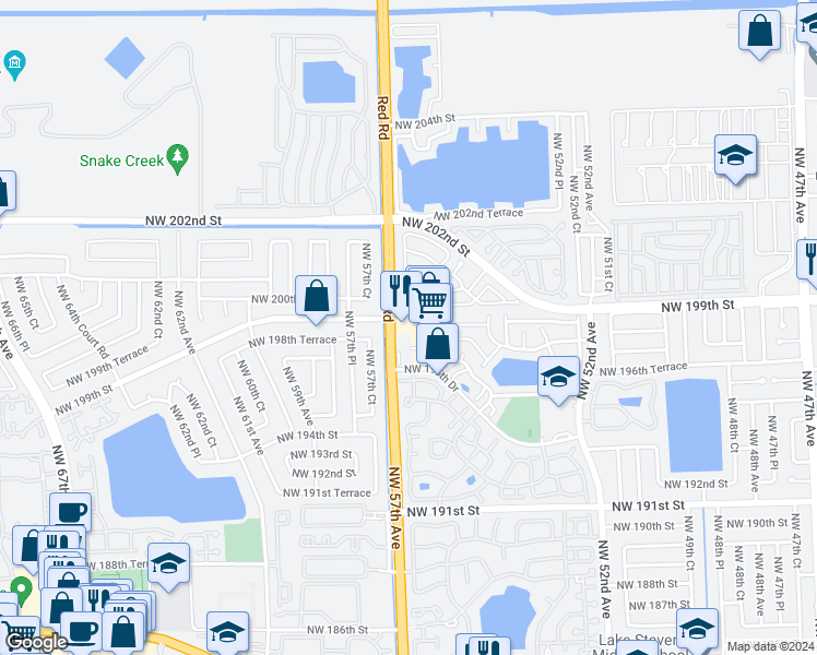 map of restaurants, bars, coffee shops, grocery stores, and more near 19741 Northwest 57th Avenue in Opa-locka
