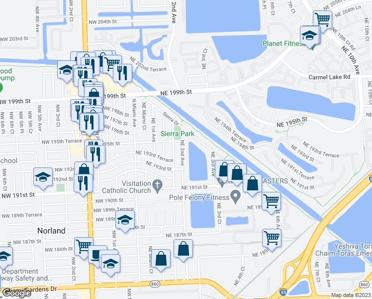 map of restaurants, bars, coffee shops, grocery stores, and more near 19305 Northeast 2nd Avenue in Miami