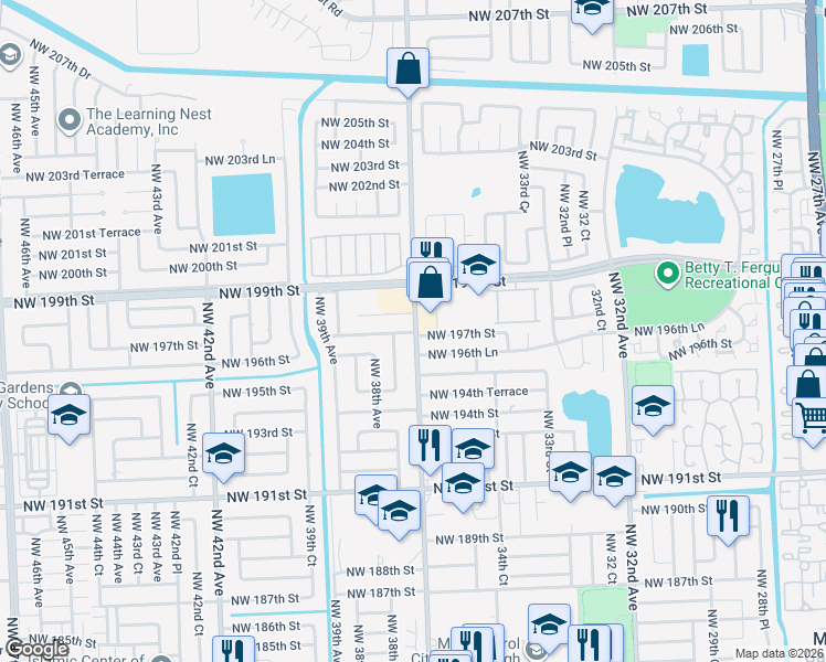 map of restaurants, bars, coffee shops, grocery stores, and more near 19703 Northwest 37th Avenue in Miami Gardens