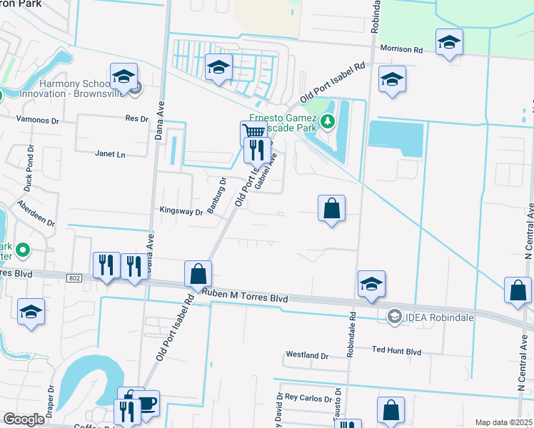 map of restaurants, bars, coffee shops, grocery stores, and more near 3728 Menchaca Court in Brownsville