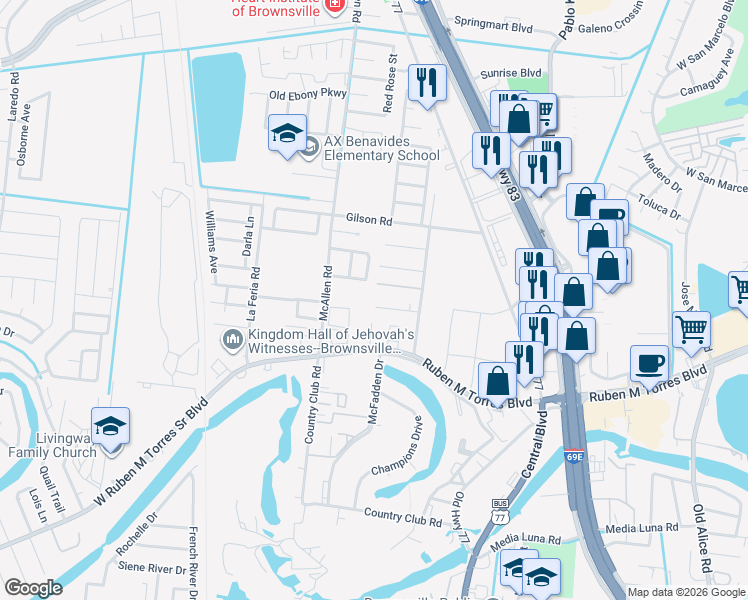 map of restaurants, bars, coffee shops, grocery stores, and more near 351 Dulce Street in Brownsville
