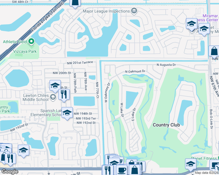 map of restaurants, bars, coffee shops, grocery stores, and more near 19721 West Oakmont Drive in Hialeah