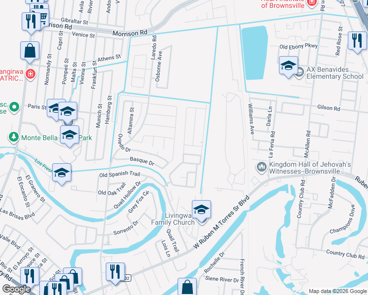 map of restaurants, bars, coffee shops, grocery stores, and more near Ridge Trail in Brownsville