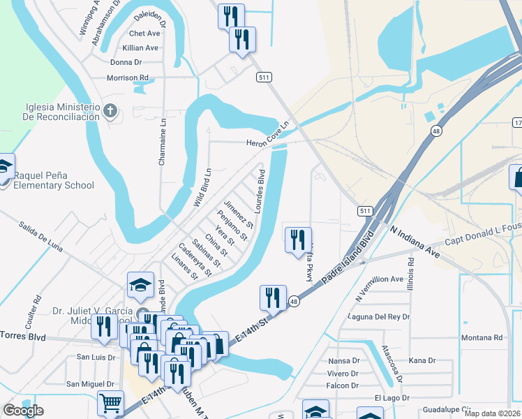 map of restaurants, bars, coffee shops, grocery stores, and more near 5960 Lourdes Boulevard in Brownsville