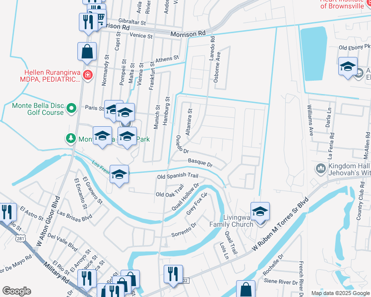 map of restaurants, bars, coffee shops, grocery stores, and more near 3576 Oviedo Drive in Brownsville