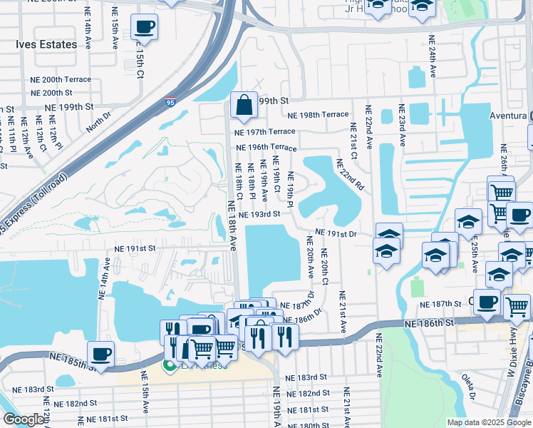 map of restaurants, bars, coffee shops, grocery stores, and more near Northeast 193rd Street in North Miami Beach