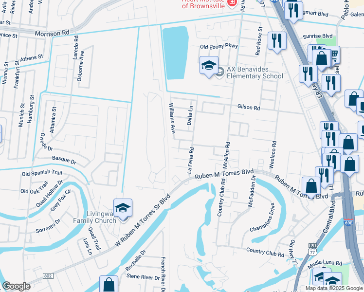 map of restaurants, bars, coffee shops, grocery stores, and more near 113 Dix Drive in Brownsville