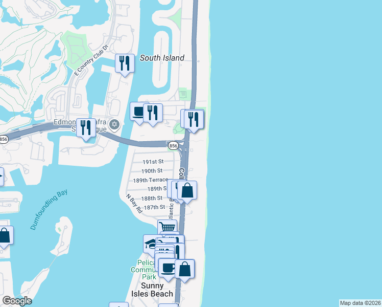 map of restaurants, bars, coffee shops, grocery stores, and more near 19111 Collins Avenue in Sunny Isles Beach