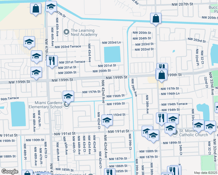 map of restaurants, bars, coffee shops, grocery stores, and more near 19700 Northwest 41st Avenue in Miami Gardens