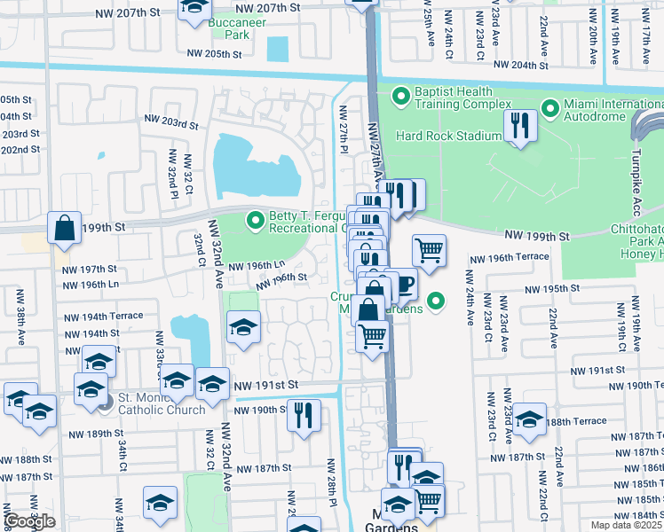 map of restaurants, bars, coffee shops, grocery stores, and more near 2850 Northwest 196th Street in Miami Gardens