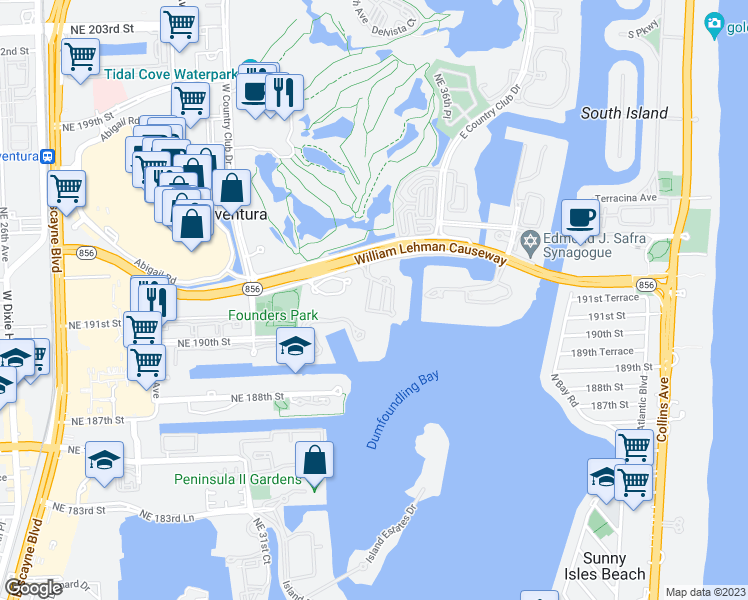 map of restaurants, bars, coffee shops, grocery stores, and more near 3350 Northeast 192 Street in Miami