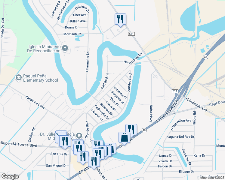 map of restaurants, bars, coffee shops, grocery stores, and more near 6335 Penjamo Street in Brownsville