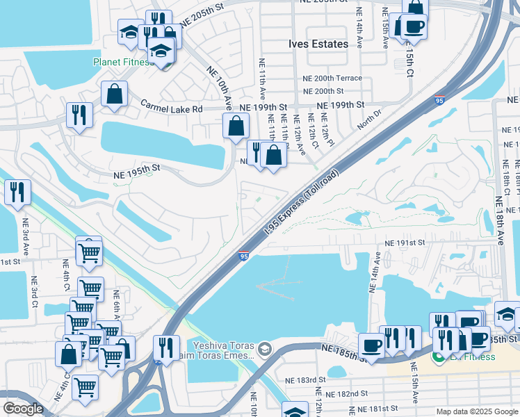 map of restaurants, bars, coffee shops, grocery stores, and more near 19377 Northeast 10th Avenue in North Miami Beach