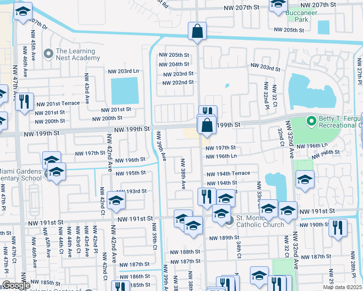 map of restaurants, bars, coffee shops, grocery stores, and more near 3765 Northwest 197th Street in Miami Gardens
