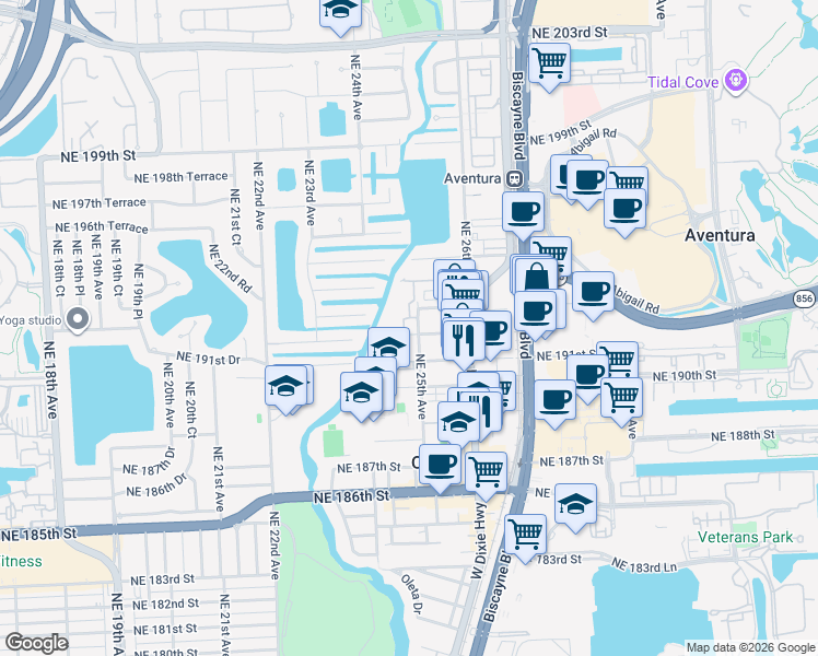 map of restaurants, bars, coffee shops, grocery stores, and more near 2479 Northeast 192 Street in Miami