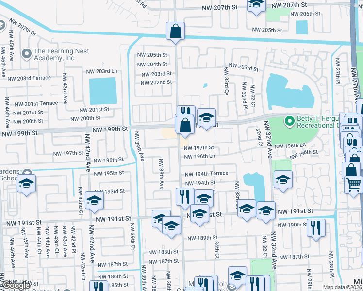 map of restaurants, bars, coffee shops, grocery stores, and more near 19703 Northwest 37th Avenue in Miami Gardens