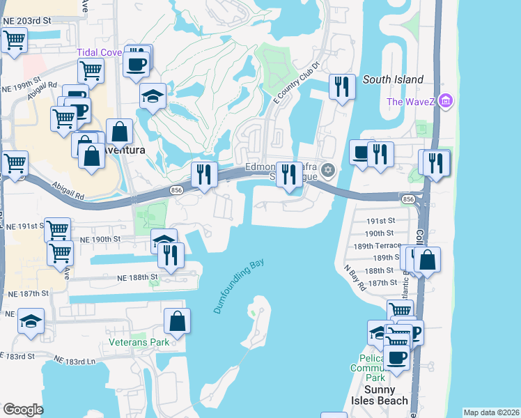 map of restaurants, bars, coffee shops, grocery stores, and more near 19101 Mystic Pointe Drive in Aventura