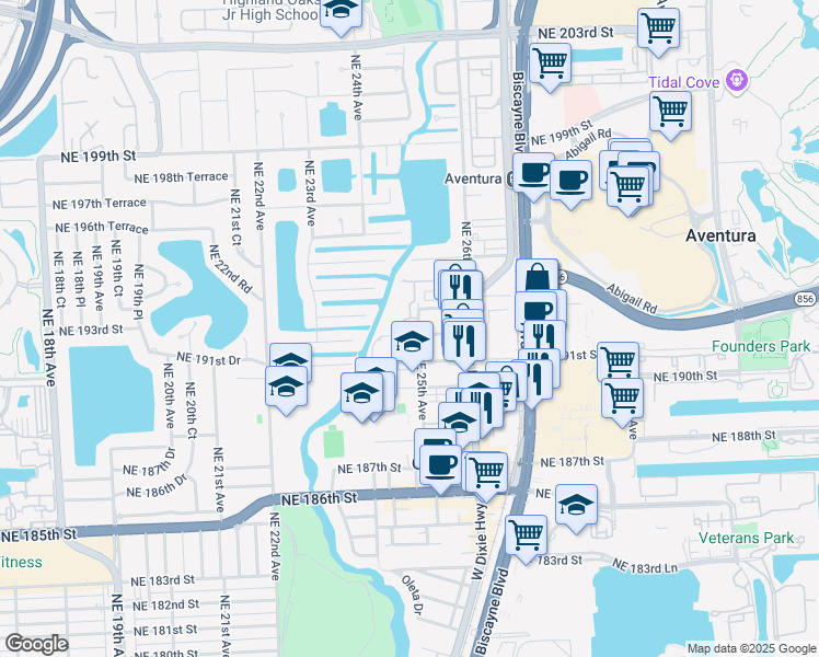 map of restaurants, bars, coffee shops, grocery stores, and more near 2499 Northeast 192 Street in Miami