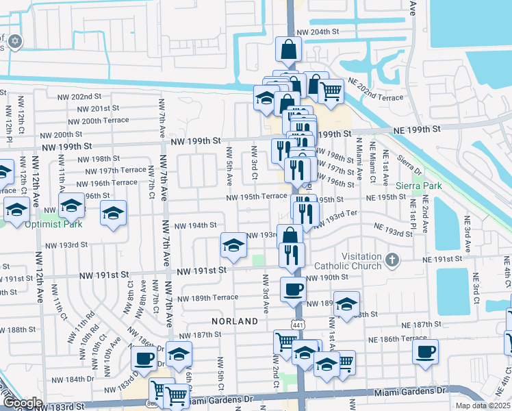 map of restaurants, bars, coffee shops, grocery stores, and more near 325 Northwest 194th Terrace in Miami
