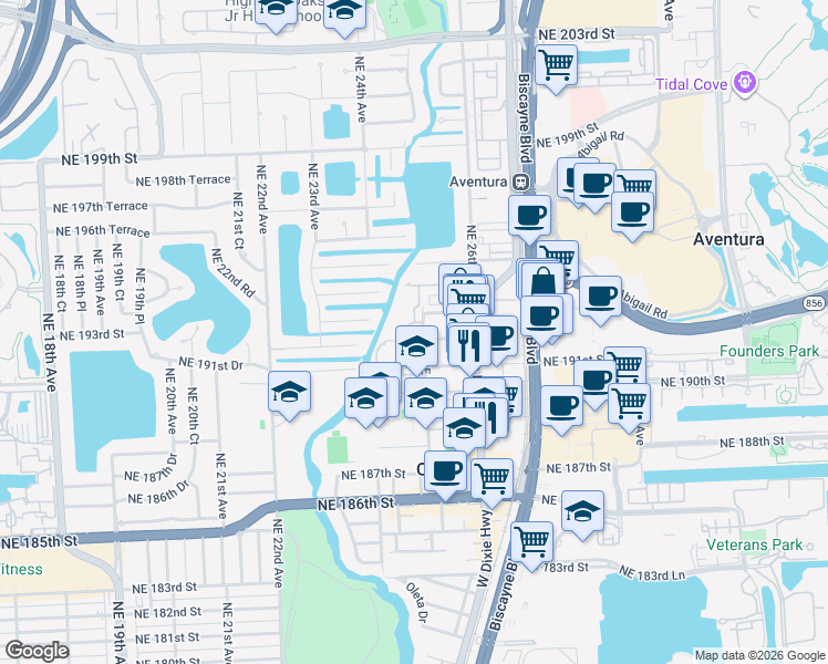 map of restaurants, bars, coffee shops, grocery stores, and more near 2499 Northeast 192 Street in Miami