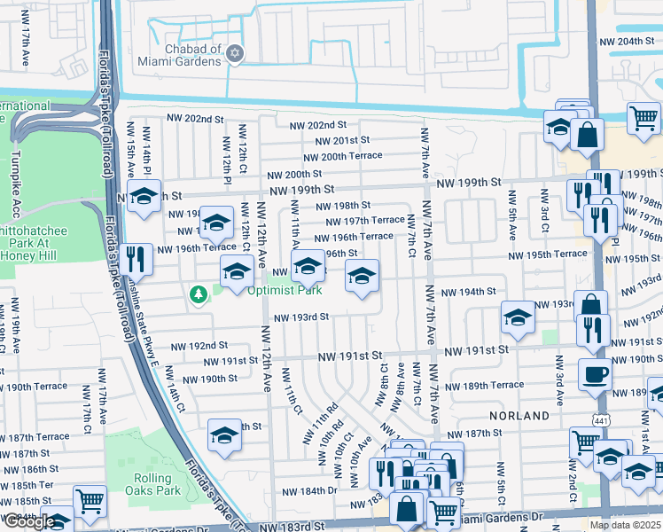 map of restaurants, bars, coffee shops, grocery stores, and more near 1031 Northwest 195th Street in Miami Gardens