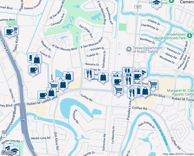 map of restaurants, bars, coffee shops, grocery stores, and more near 1663 Chipinque Drive in Brownsville