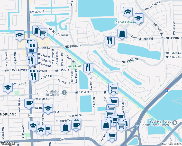 map of restaurants, bars, coffee shops, grocery stores, and more near 295 Sierra Drive in Miami