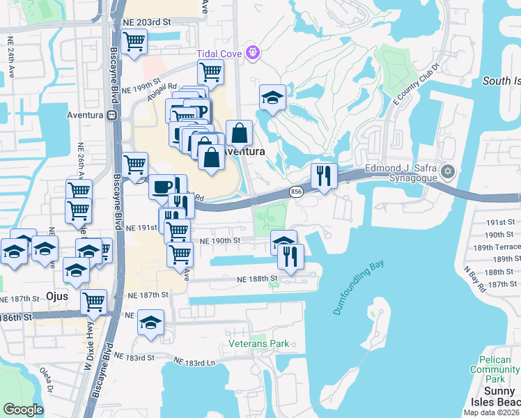map of restaurants, bars, coffee shops, grocery stores, and more near 3105 Northeast 190th Street in Aventura