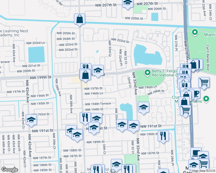 map of restaurants, bars, coffee shops, grocery stores, and more near 19687 Northwest 33rd Place in Miami Gardens
