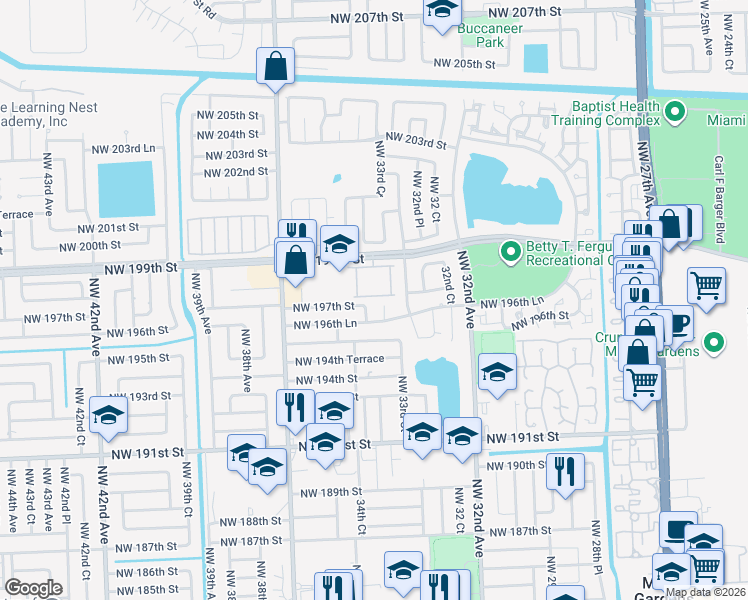 map of restaurants, bars, coffee shops, grocery stores, and more near 19687 Northwest 33rd Place in Miami Gardens