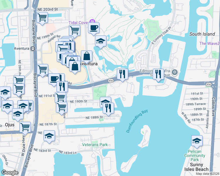 map of restaurants, bars, coffee shops, grocery stores, and more near 3300 Northeast 191st Street in Aventura