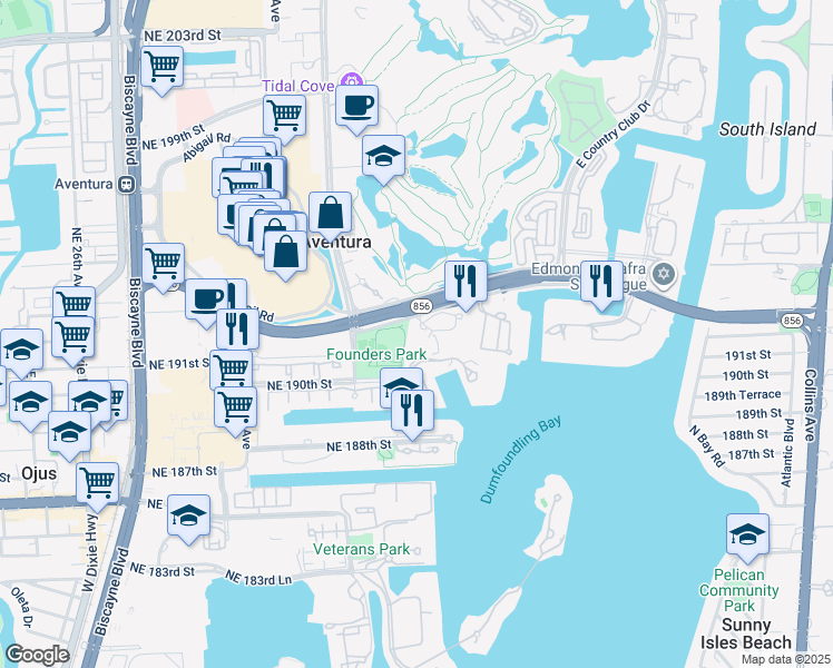 map of restaurants, bars, coffee shops, grocery stores, and more near 3300 Northeast 191st Street in Aventura