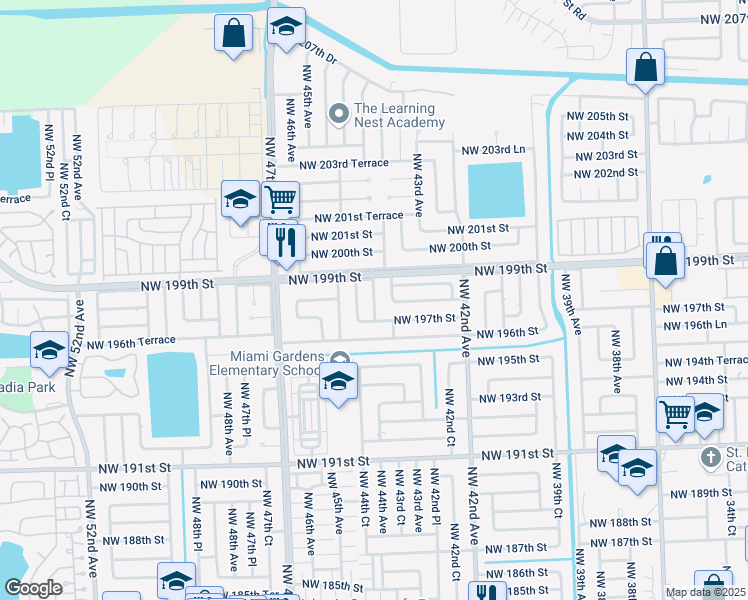 map of restaurants, bars, coffee shops, grocery stores, and more near 19720 Northwest 44th Avenue in Miami Gardens
